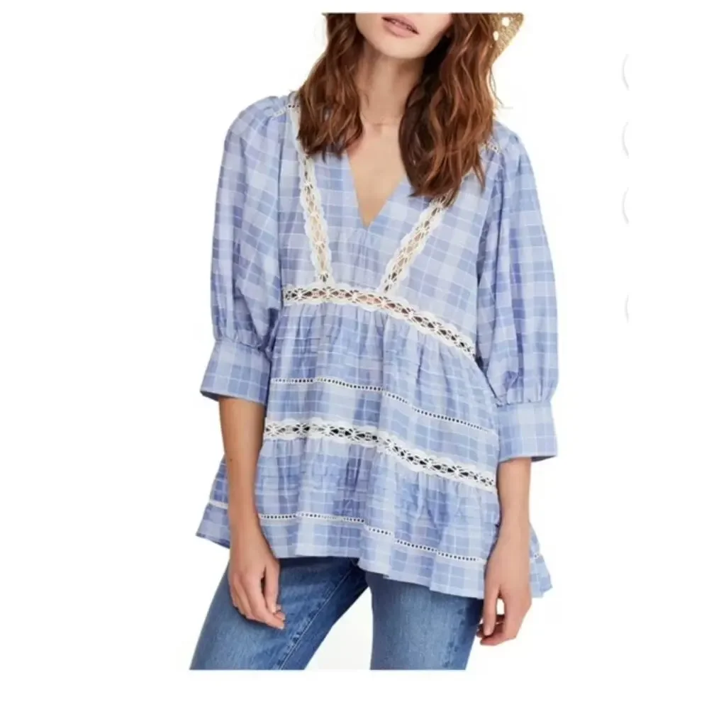Free People Blue Plaid Lace Trim Tiered Tunic Cottagecore Puff Sleeve Boho